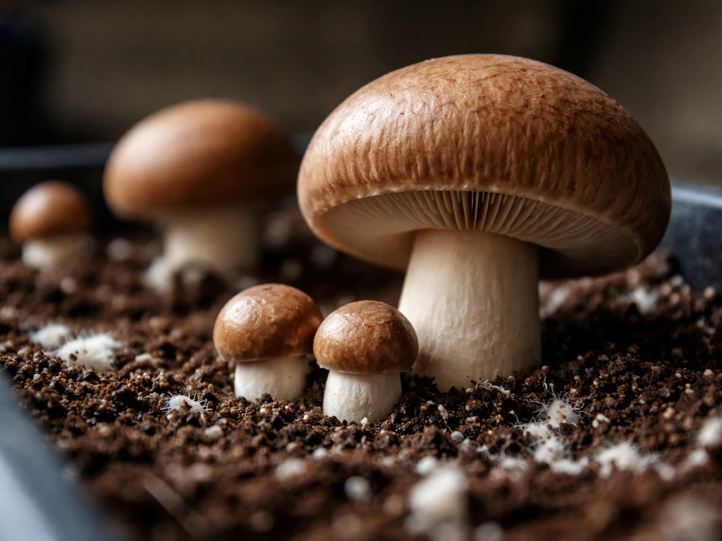 Close-up of chestnut mushrooms showing early pins and mature caps in a simple grow tray.