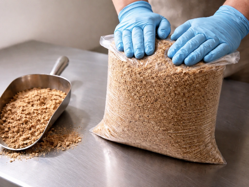 Gloved hands packing oak/beech hardwood sawdust into a clear bag on a clean worktable.