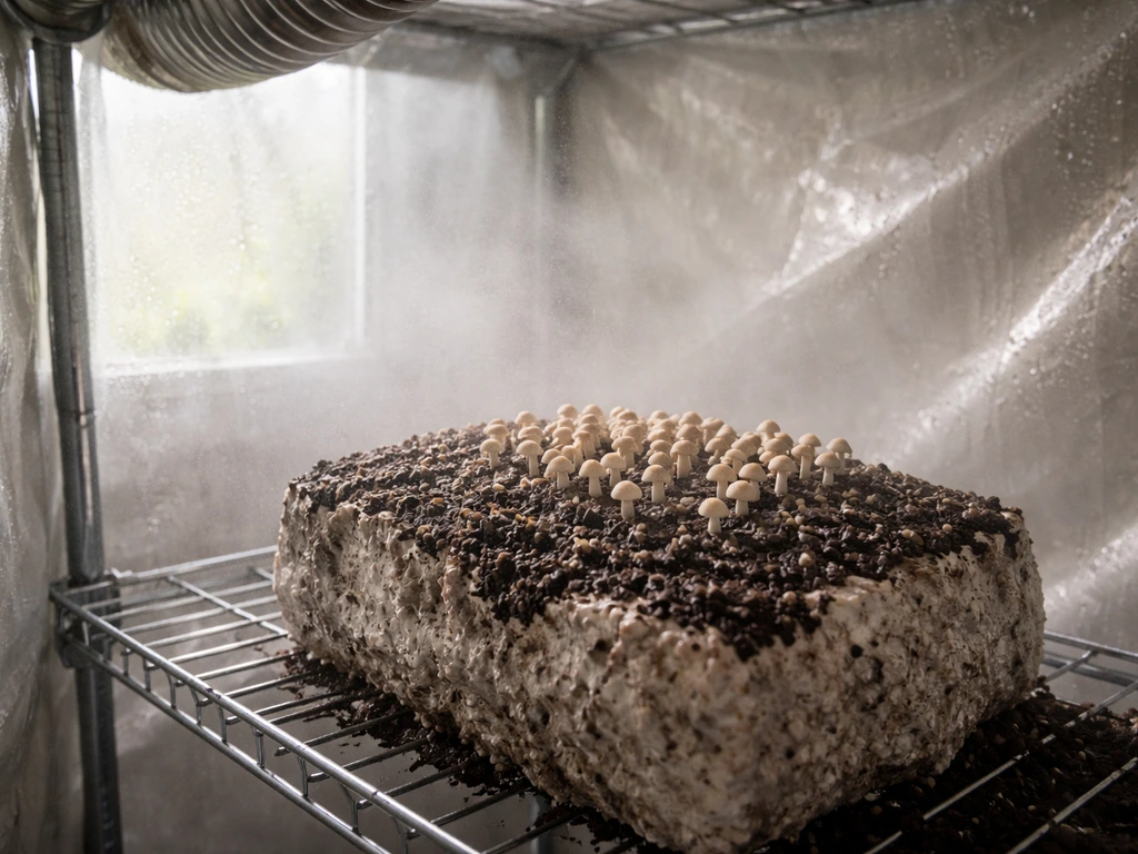 Mushroom pinning on a substrate block inside a misted grow tent with fresh airflow and soft side light.