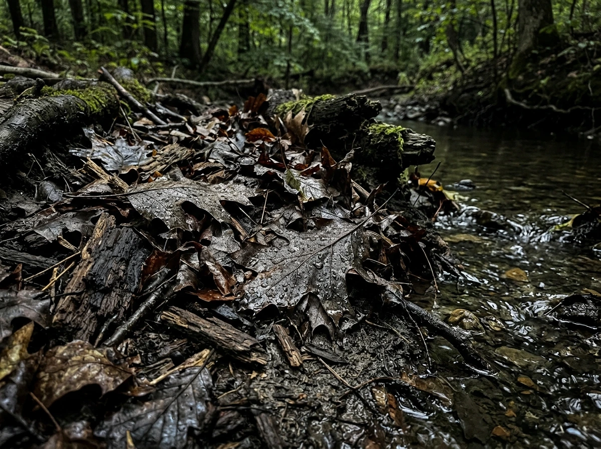 Shaded streamside leaf litter and waterlogged hardwood woodchips showing wild habitat.