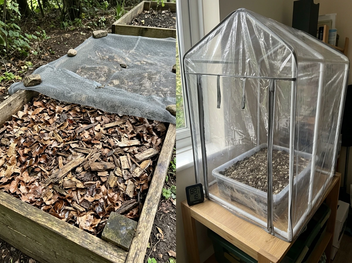 Split image comparing an outdoor woodchip bed vs an indoor humid fruiting tent.