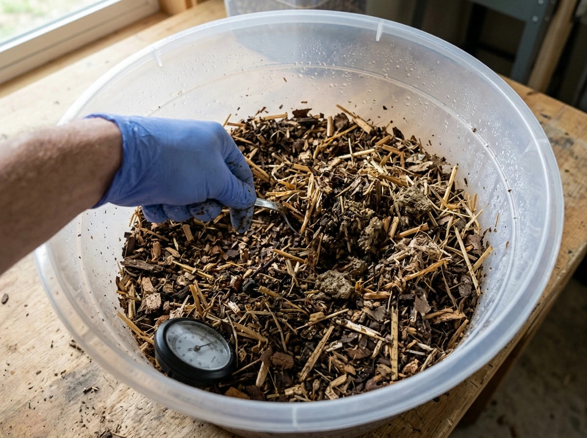 Close-up of mixing damp hardwood chip/sawdust and straw-based substrate mix for casing.