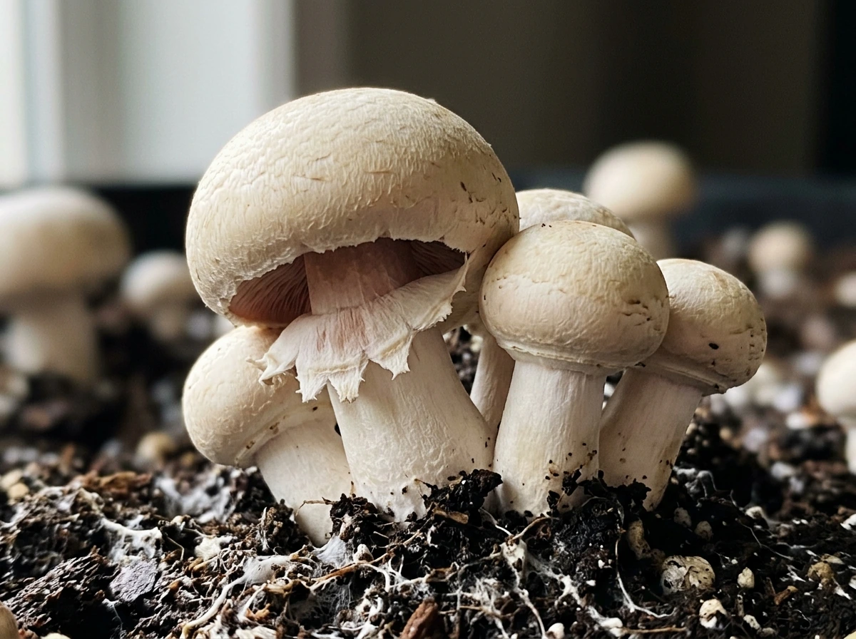 Close-up of mushrooms at harvest readiness, veil beginning to tear.