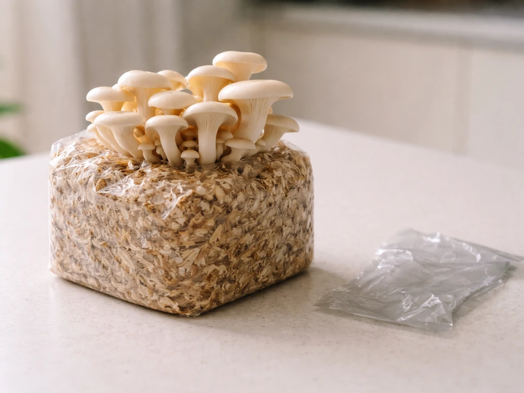 Close-up of an oyster mushroom block on a countertop with a small piece of synthetic plastic beside it.