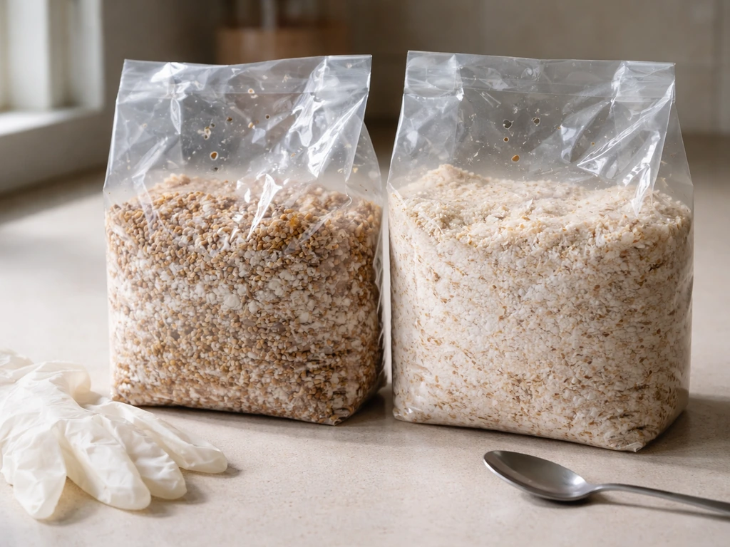 Close-up of grain and sawdust mushroom spawn jars on a clean countertop, ready for inoculation.