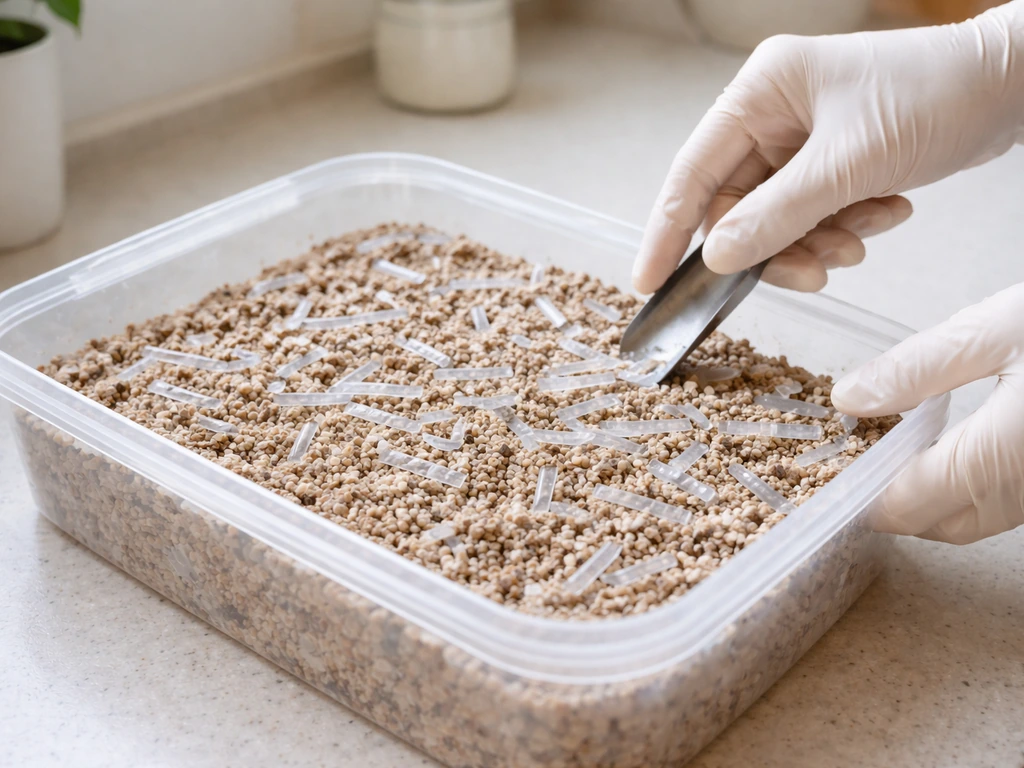 Gloved hands arranging prepared mushroom substrate with evenly distributed plastic strips in a small container