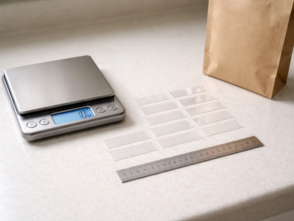 Plastic test coupon strips cut to size on a kitchen scale, with a ruler and plain bag nearby.