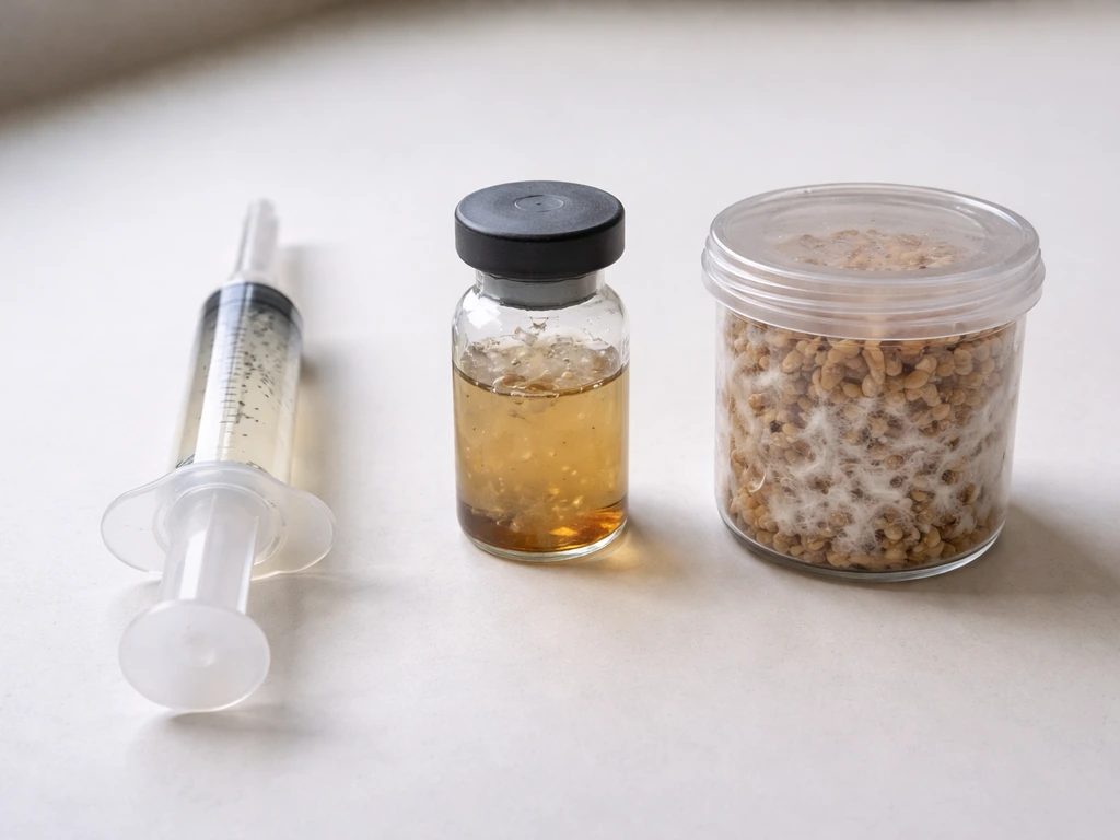 Three sterile mushroom starting materials—spores syringe, liquid culture vial, and colonized grain—in a neat row.