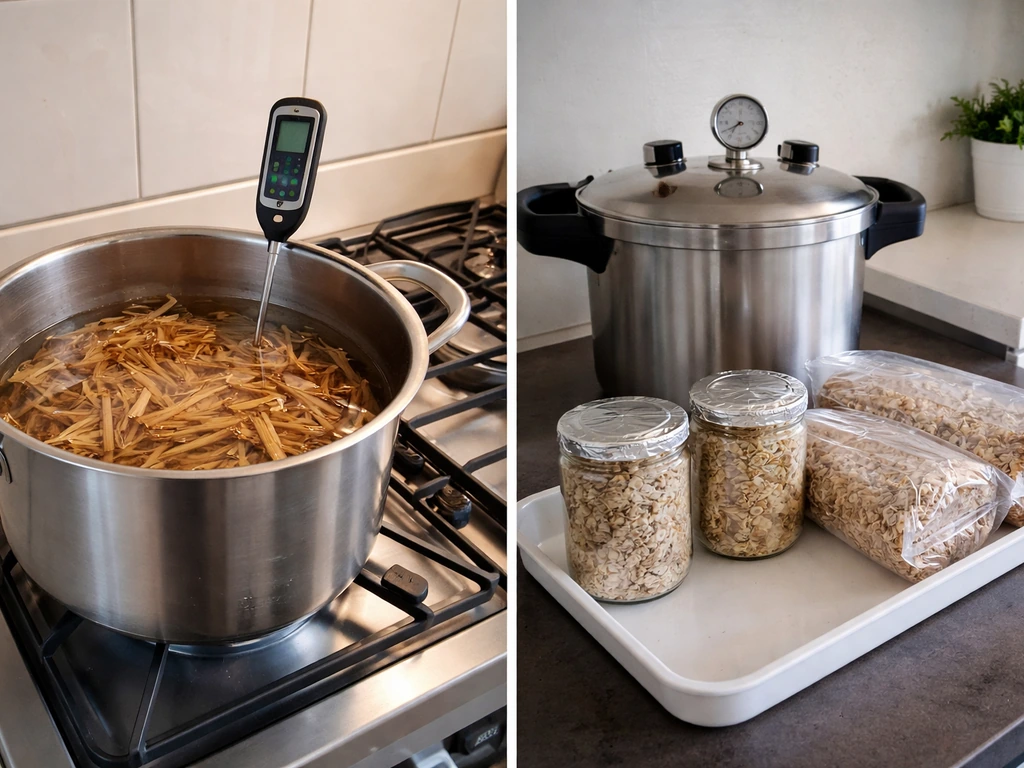 Side-by-side photo of pasteurization hot-water pot with thermometer and sterilization pressure cooker with sealed jars.