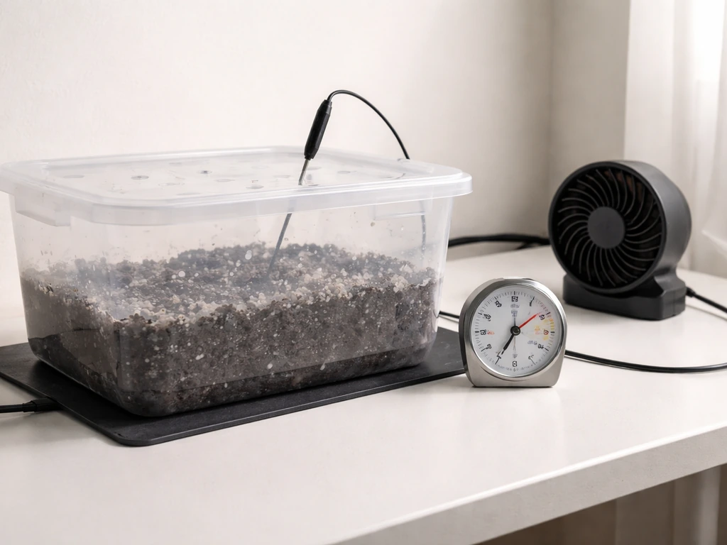 Thermometer probe and small hygrometer beside a mycelium incubation container with visible temperature control setup.