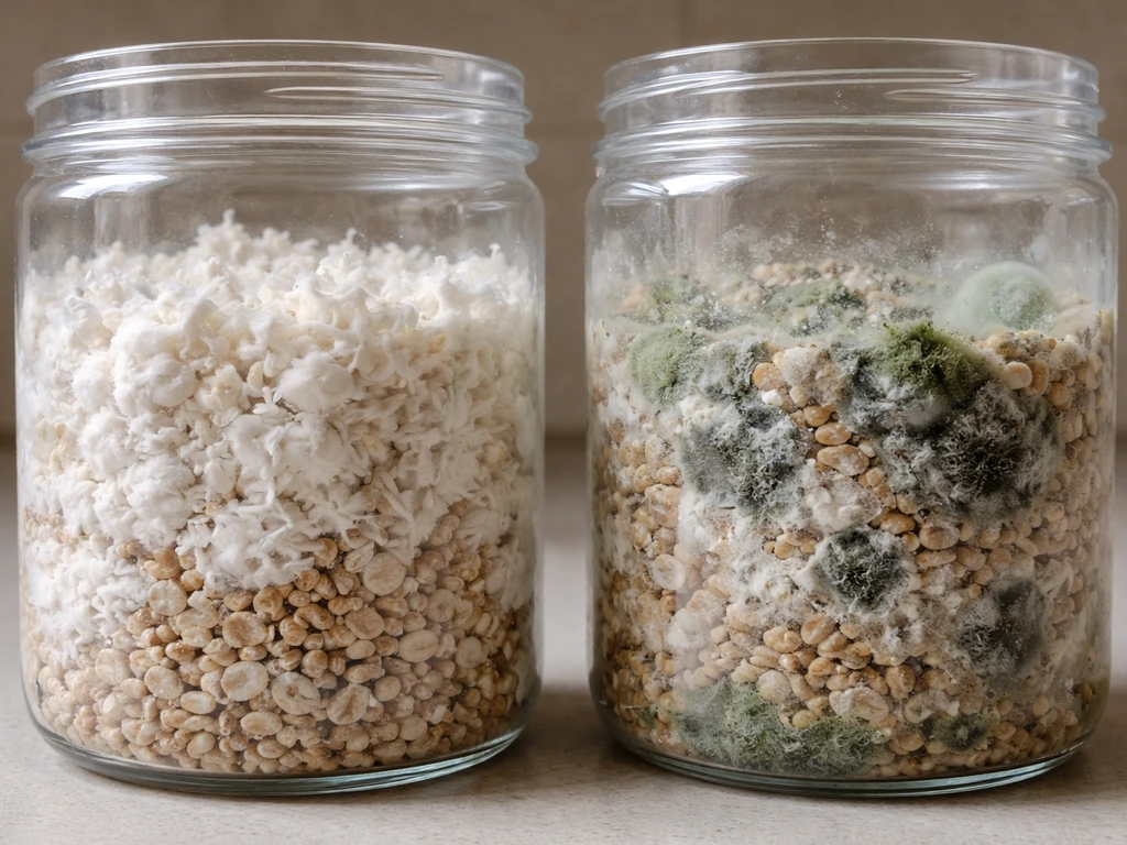 Close-up of two transparent mushroom jars showing off-white healthy growth versus green and gray mold patches