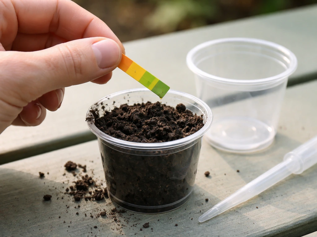 Hand holding a pH soil test strip over dark soil in a small clear test cup
