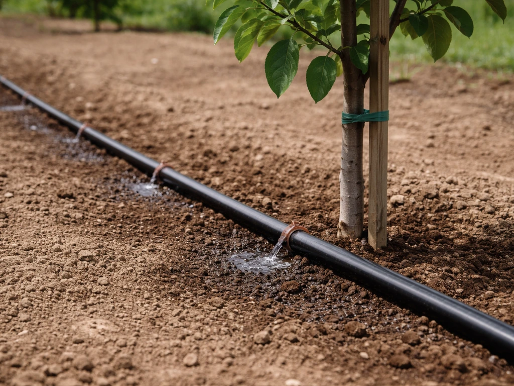Young host tree with drip irrigation line watering soil gently without pooling water.