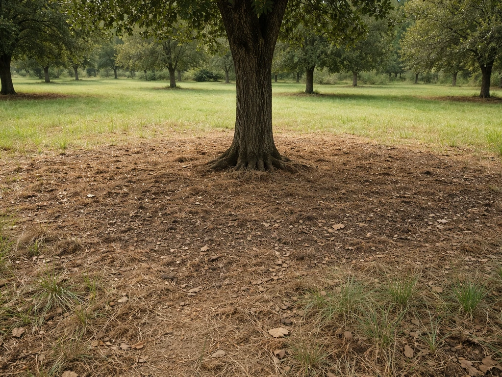 Truffle orchard with a scorched brûlé patch of vegetation near the roots of a healthy host tree