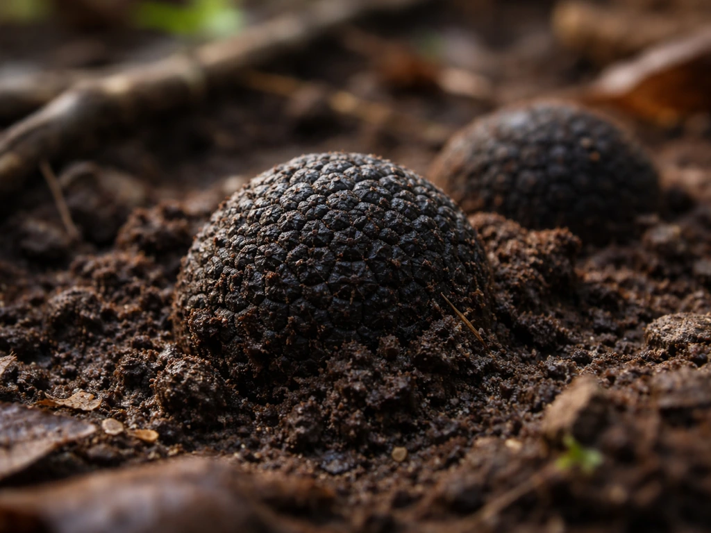 Close-up of black truffles emerging from soil in New Zealand-style woodland ground.