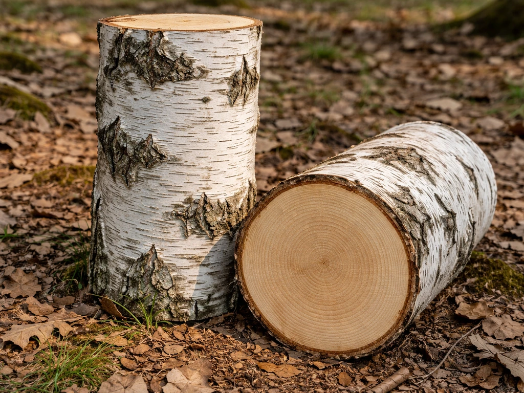 Birch trunk segment and cross-section in natural light, highlighting bark and outer wood for inoculation.