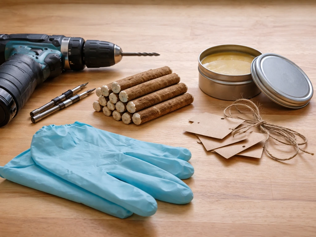 A clean workbench with chaga mycelium dowels, drill bits, wax sealant, labeled tags, and protective gloves laid out.