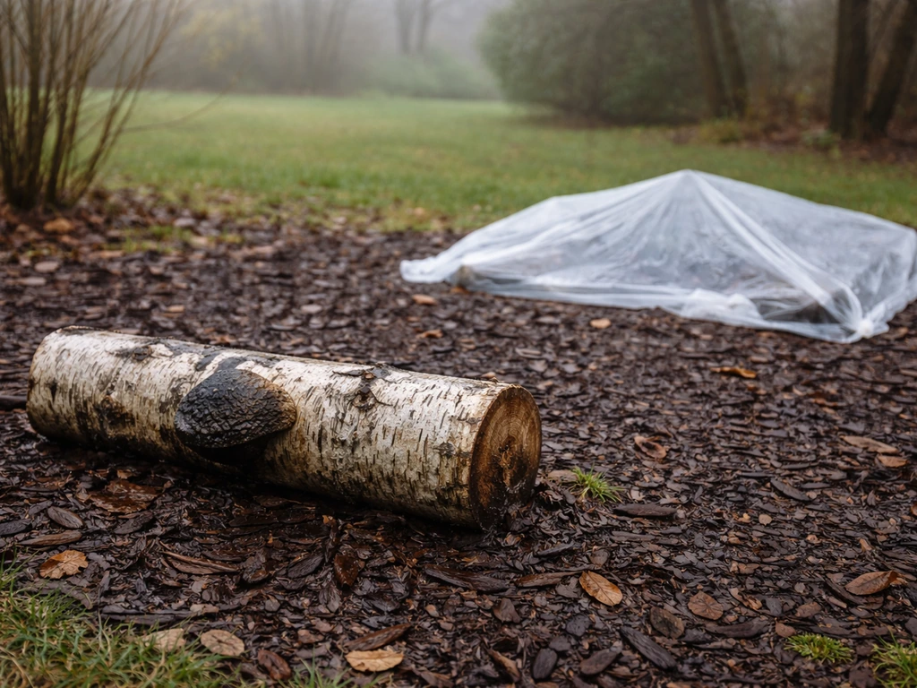 Birch log in a cool yard on mulch, covered and undisturbed near a moisture-focused tarp setup.