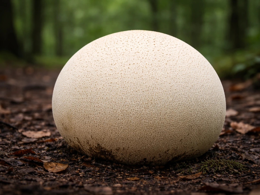 Soccer-ball-sized giant puffball mushroom on a damp forest floor, outdoors in natural light.
