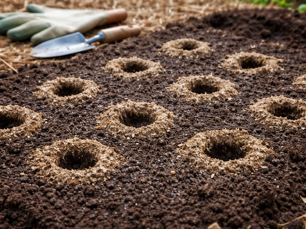 Close-up of an outdoor puffball patch bed with shallow inoculation spots and nearby gardening tools.