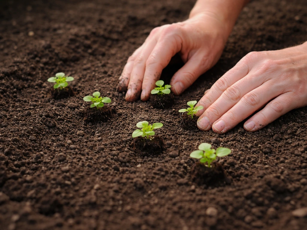 Hands placing small seed plugs into prepared garden soil, shallow planting in a simple backyard bed