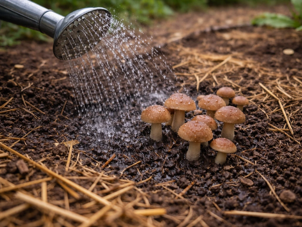 Gentle spray watering a small outdoor mushroom patch with damp soil and straw mulch in natural light.