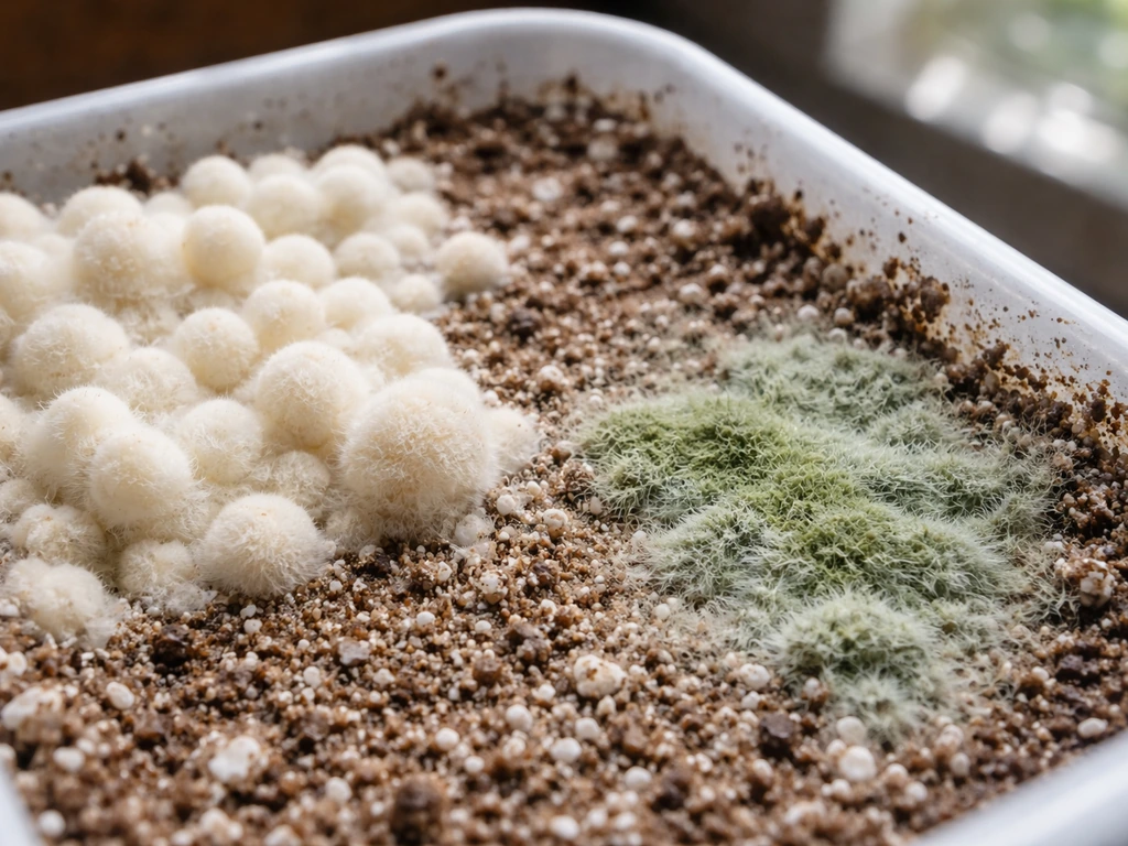 Mushroom tray close-up showing healthy growth next to green fuzzy mold contamination under dappled light.