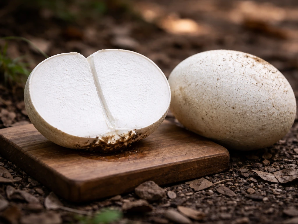 White puffball mushroom cut in half on a wooden board, showing a fully white interior slice test.