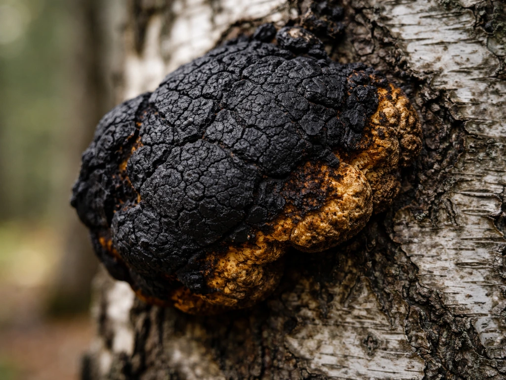 Close-up of chaga fungus (Inonotus obliquus) growing on rough birch bark in natural light.