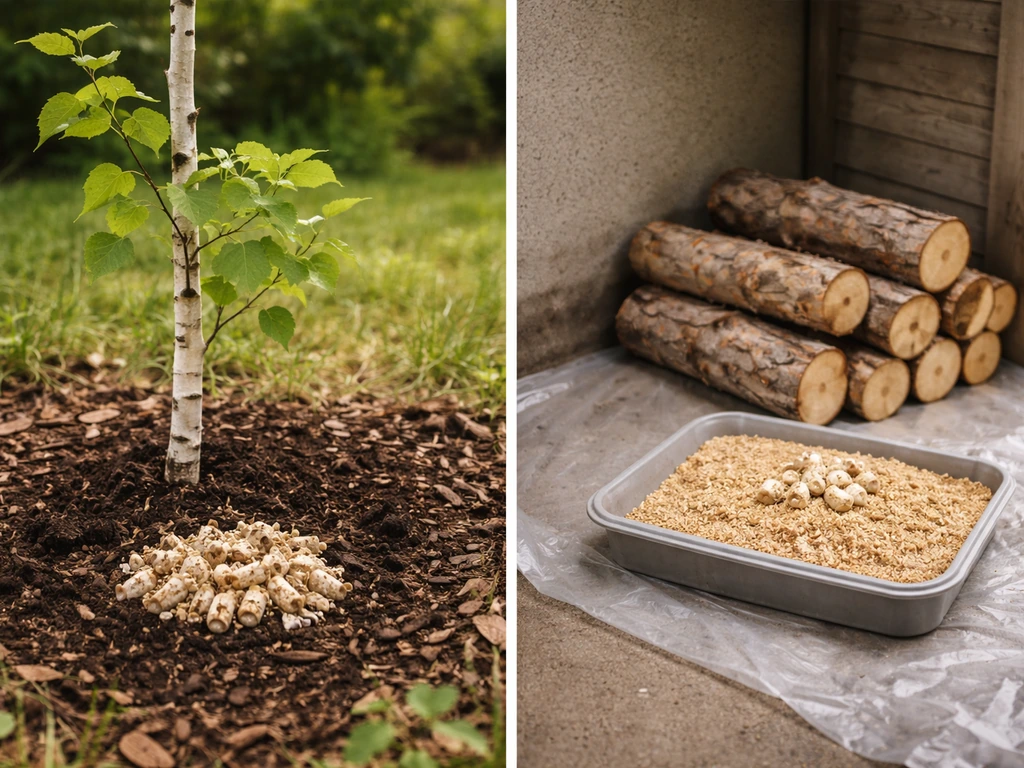 Side-by-side photo: living birch inoculation outdoors and cut wood/substrate colonization setup indoors