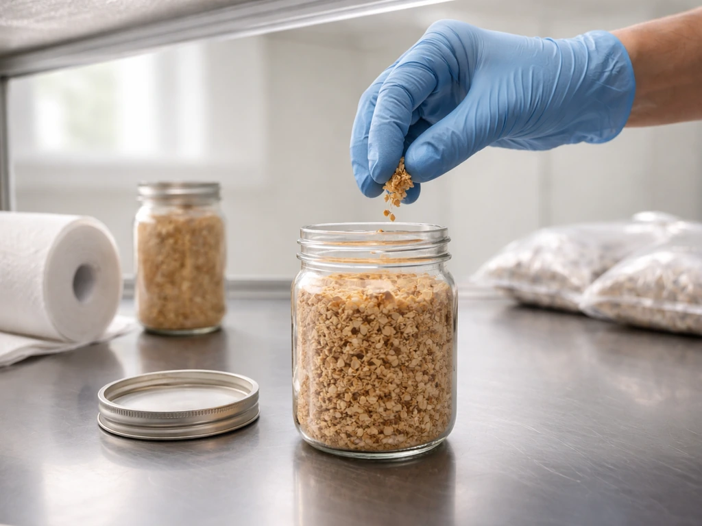 Gloved hand inoculating a birch sawdust jar with pale grain spawn during sterile indoor handling.