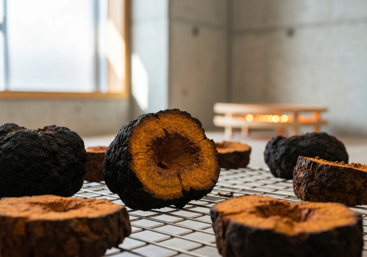 Close-up of harvested chaga conks on a drying rack, showing black exterior crust and warm interior color.
