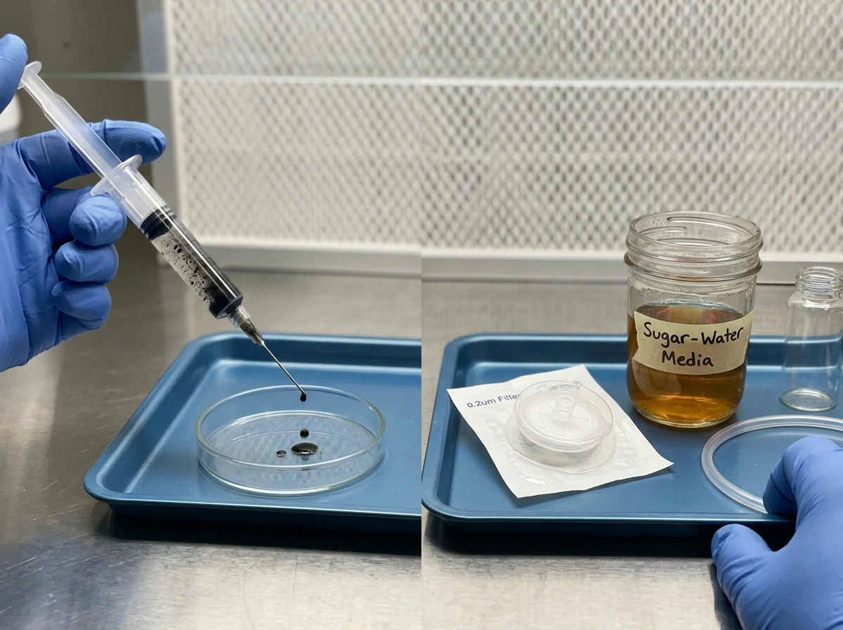 Spore syringe and sterile liquid culture items prepared side by side