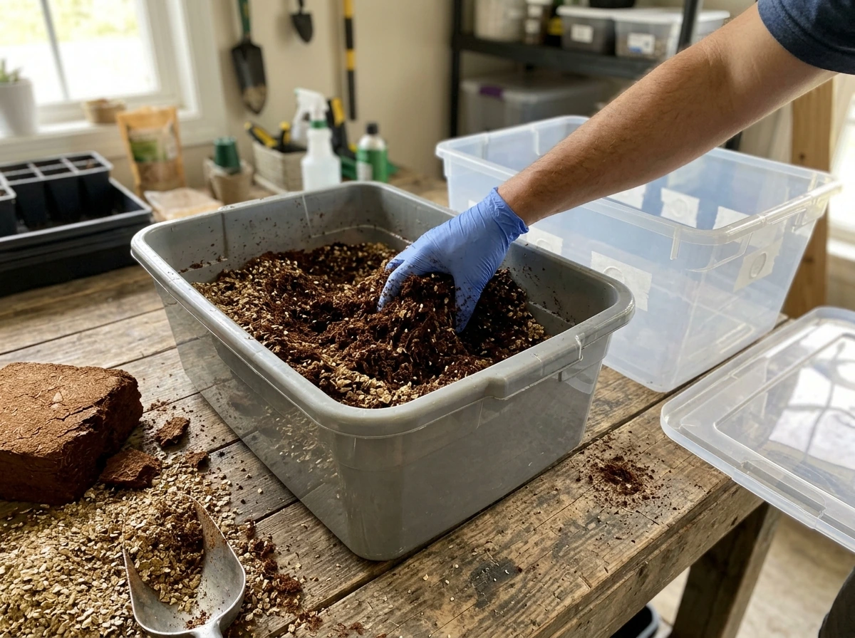 Coco coir and vermiculite mixed for substrate, next to a monotub