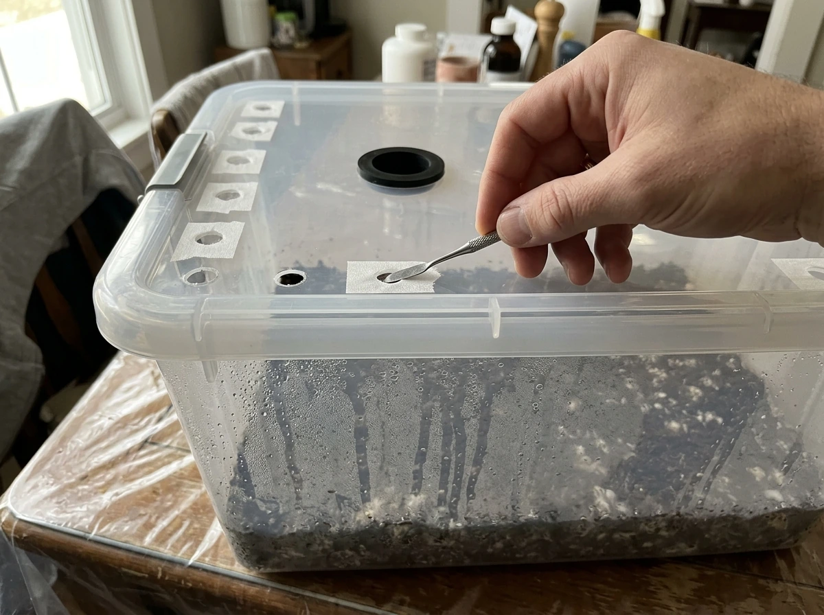 Monotub lid with drilled airflow holes and filter material installed