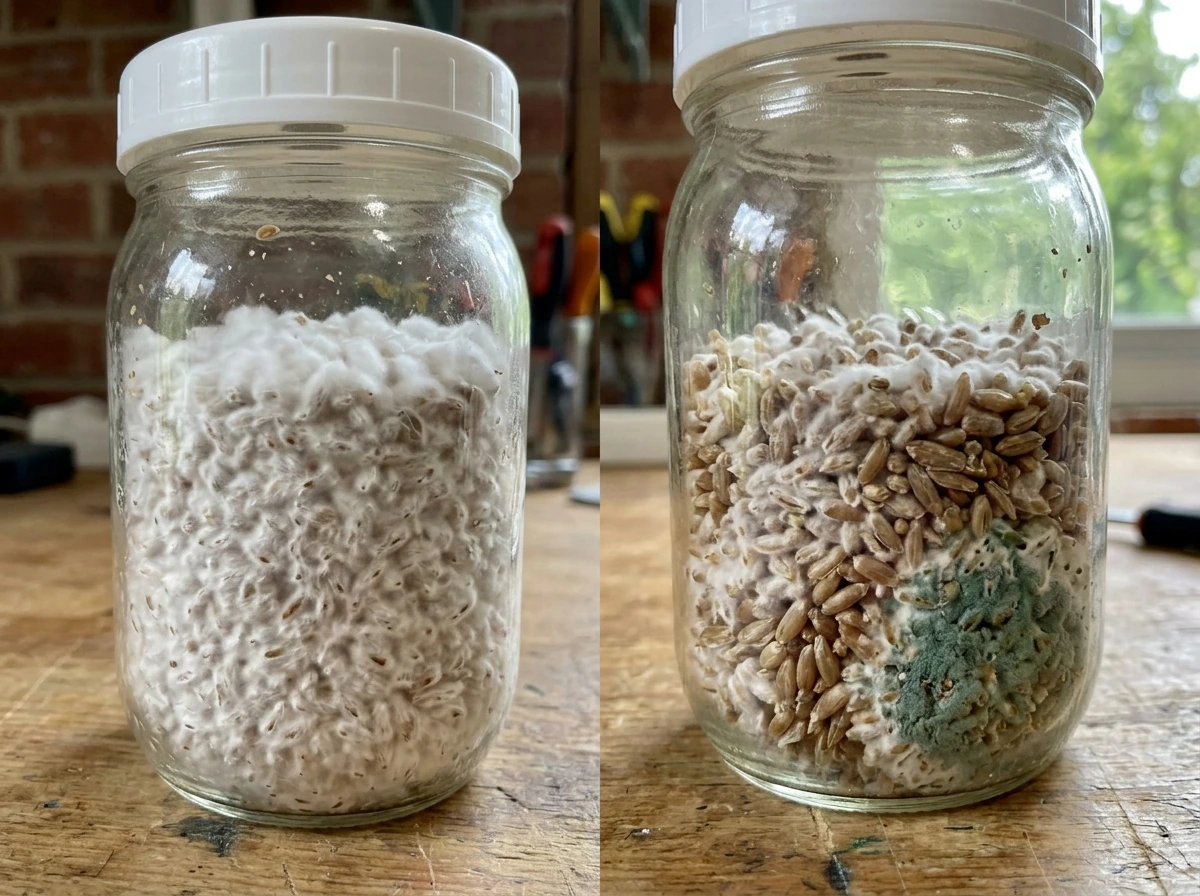 Healthy white mycelium versus green-blue contamination in jars