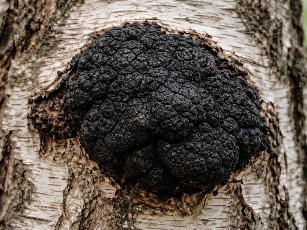 Close-up of dark chaga growth embedded in birch bark texture outdoors.