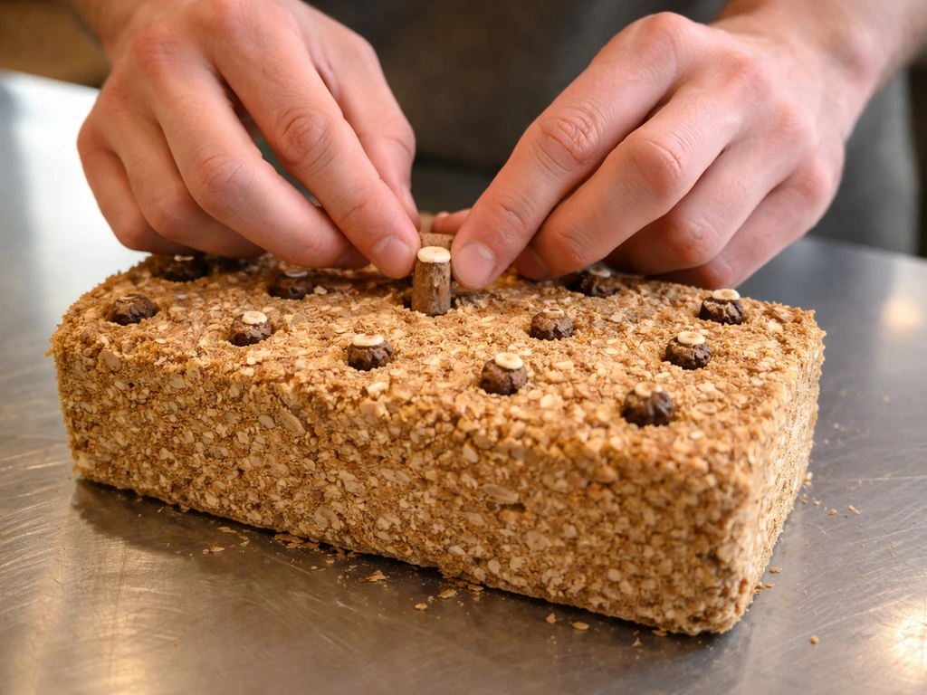 Close-up of hands pressing chaga spawn plugs into visible holes on a sawdust/bran substrate block.
