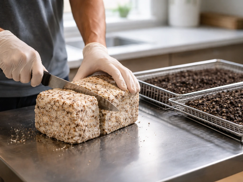 Chaga mycelium–colonized block being cut on a work surface beside a drying tray.