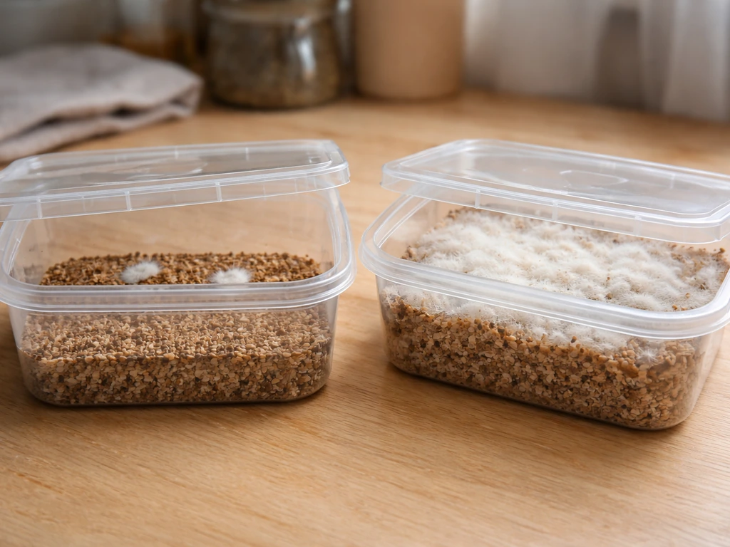 Clear grow containers on a counter, one with barely any mycelium spread and one with active growth.