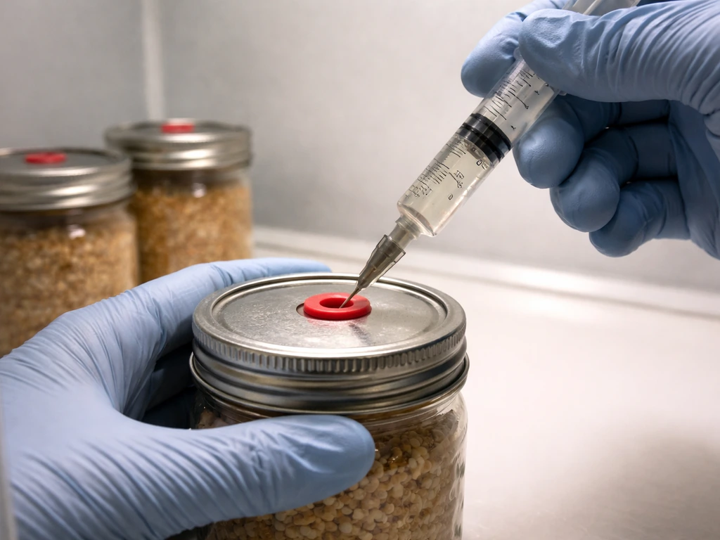 Gloved hands inject spore solution into sterilized grain jars inside a still-air box.