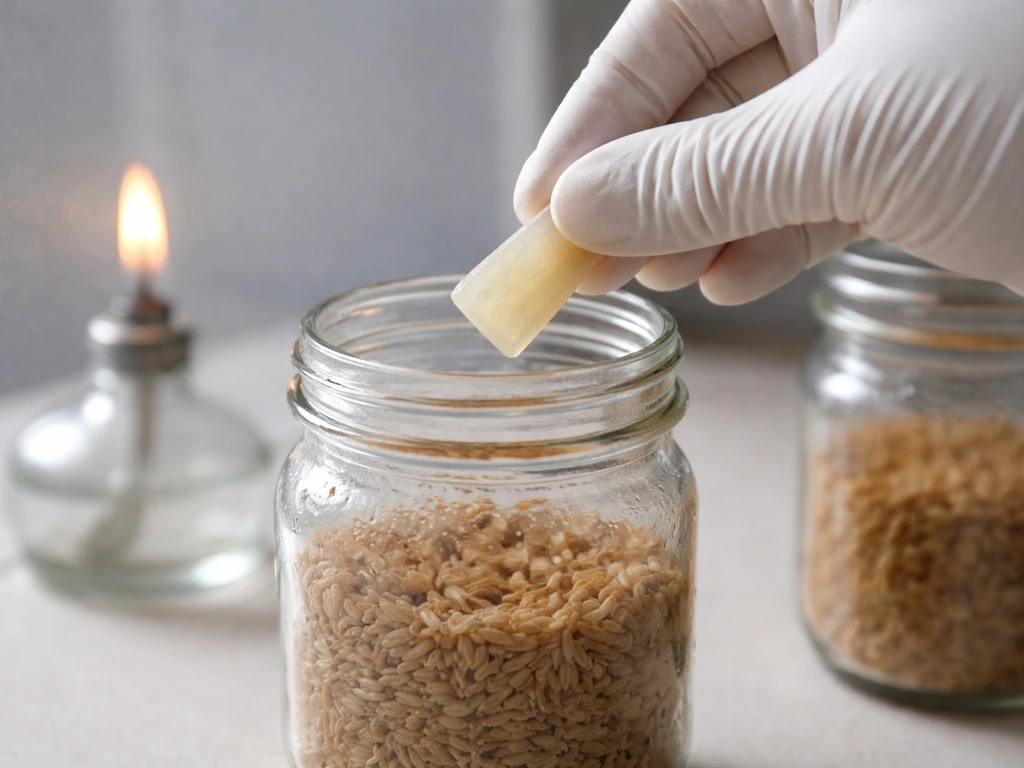 A small agar wedge being placed into a grain jar inside a simple clean, sterile work area.