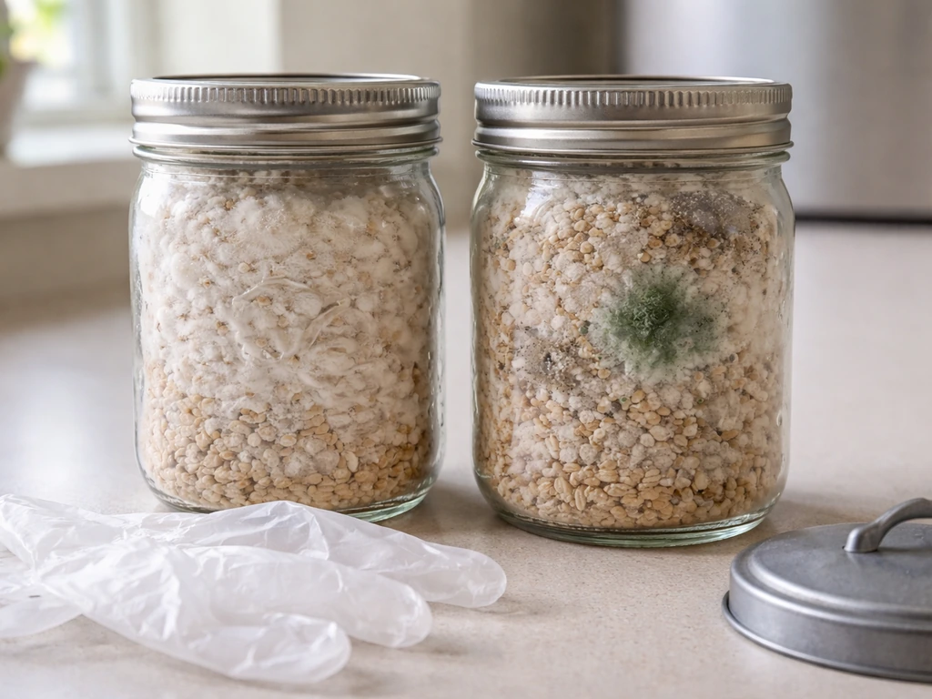 Two jars side-by-side: one with healthy white growth, one with green mold contamination; discard cue in foreground.
