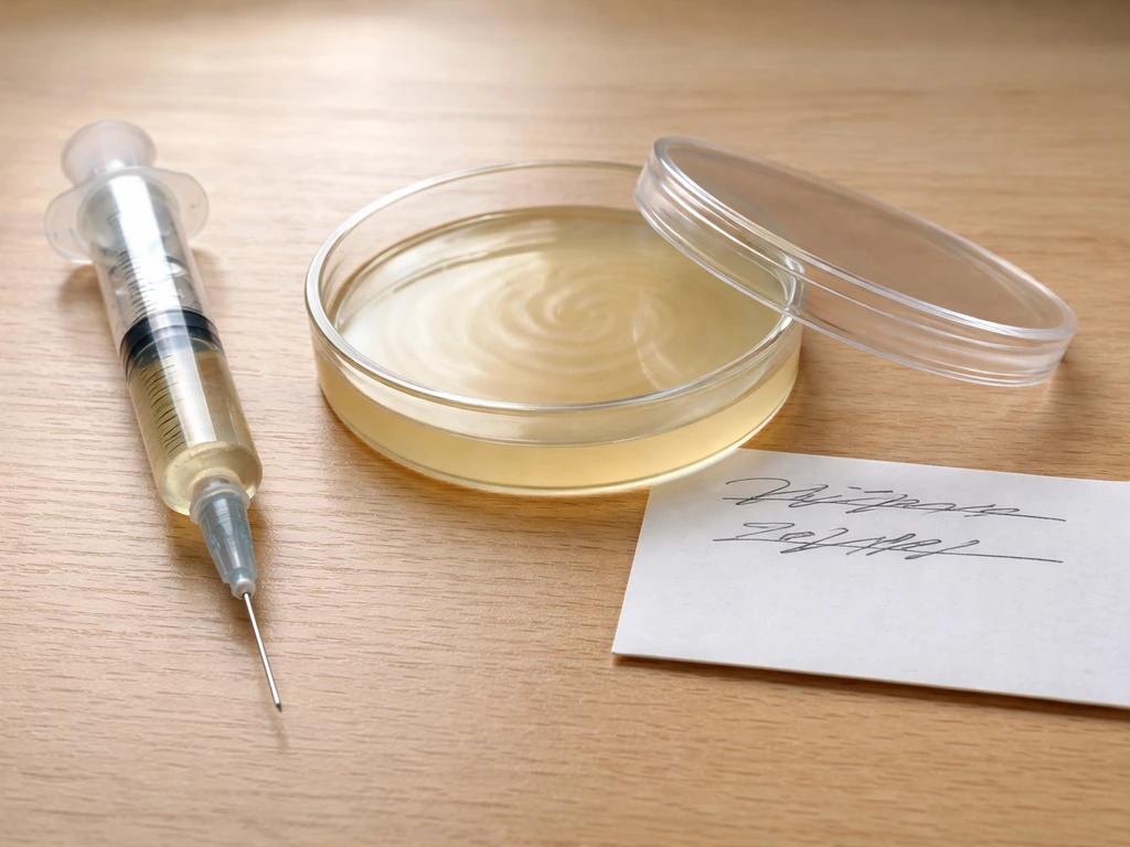Close-up of a sterile spore syringe and an agar slant/plate on a light wood surface.