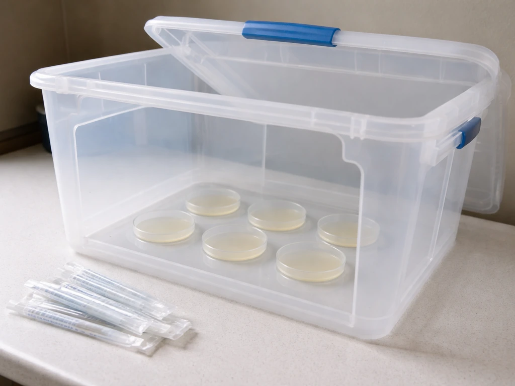 Clear plastic tote still-air box with agar plates inside, lid partly open for aseptic transfers.