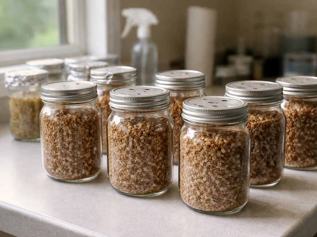 Clear jars of rye grain and small agar containers arranged on a clean counter for indoor mycelium colonization.