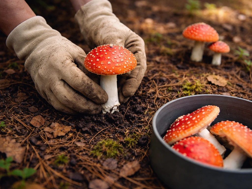 Gloved hands harvesting Amanita muscaria caps from an outdoor bed with a small container