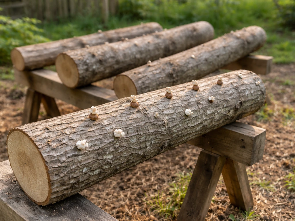 Fresh hardwood logs on sawhorses outdoors with inoculation holes along the top surface.