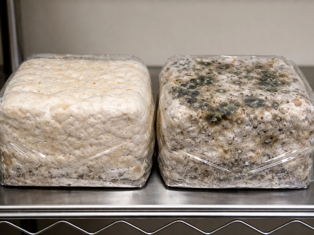 Side-by-side mushroom grow blocks: one healthy white growth, one stalled with black-green contamination.
