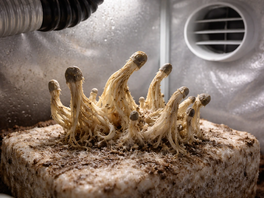 Warped, stunted mushroom growth in an indoor grow tent next to a partially visible vent for airflow.